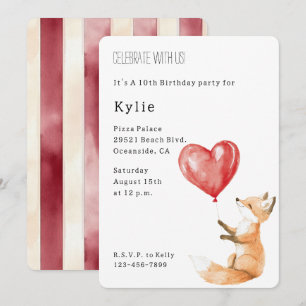 Invitation Ballons de coeur animal de renard mou Anniversaire