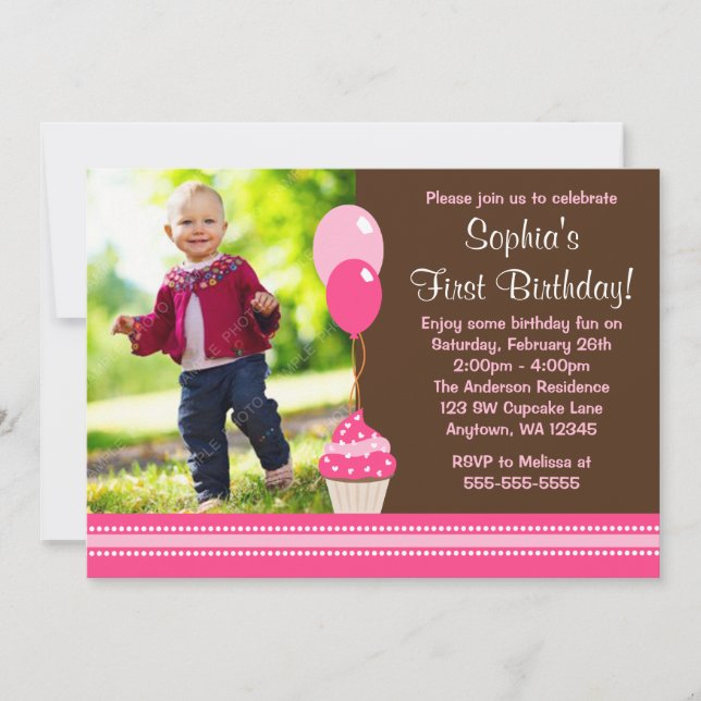 Invitation Ballons de Cupcake photo rose Brown (Devant)