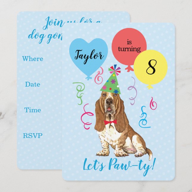 Invitation Ballons de fête d'anniversaire Basset Hound (Devant / Derrière)