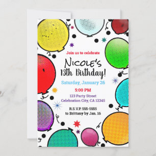 Invitation Ballons de fête d'anniversaire de style comique fa