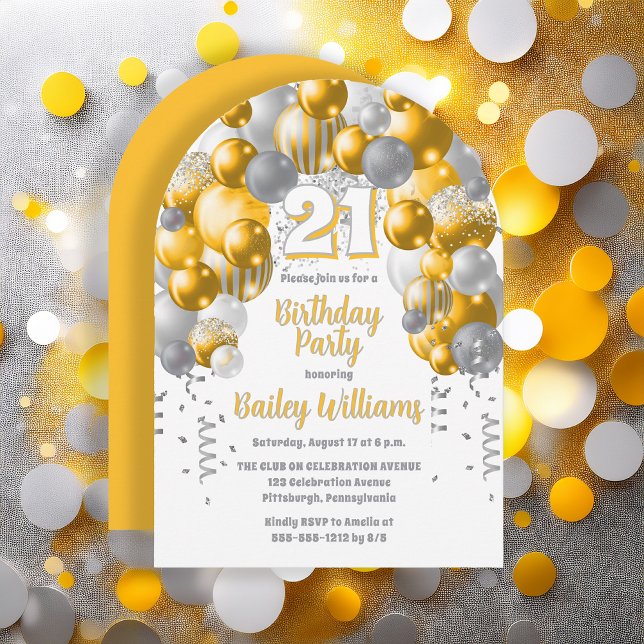 Invitation Ballons de fête jaune 21e fête d'anniversaire (Golden Yellow, Silver Tone and White Balloon Arch and Confetti 21st Birthday Party Invitation)