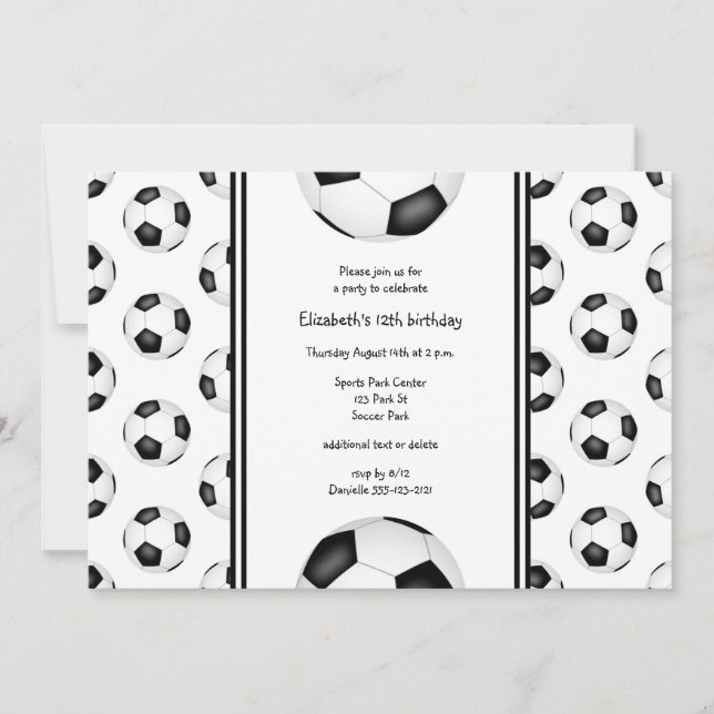 Invitation Ballons de football noir blanc motif fête d'annive (Devant)