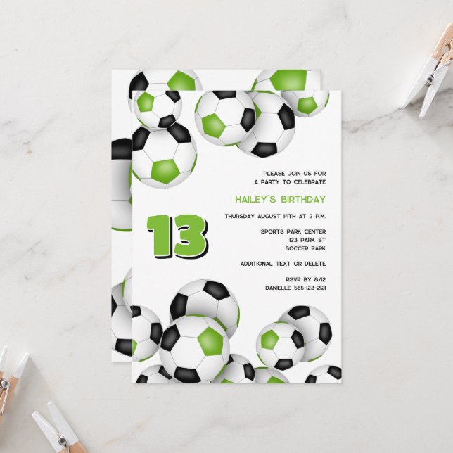 Invitation ballons de football vert clair anniversaire de enf (Devant/Arrière en situation)