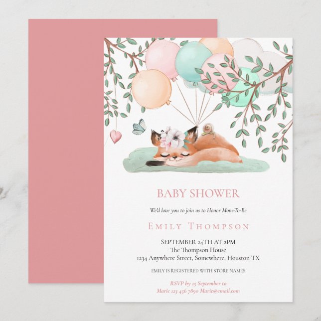 Invitation Ballons de Fox couché mignon Baby shower rose (Devant / Derrière)