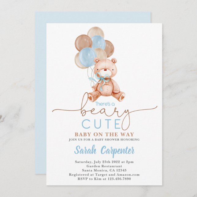 Invitation Ballons de l'ours en peluche Baby shower garçon (Devant / Derrière)