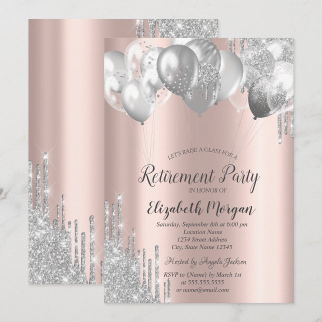 Invitation Ballons de Parties scintillant d'argent Rose Gold  (Devant / Derrière)