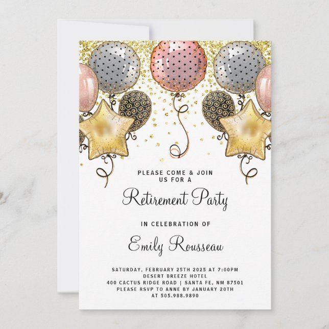 Invitation Ballons de Parties scintillant d'or de la partie d (Devant)