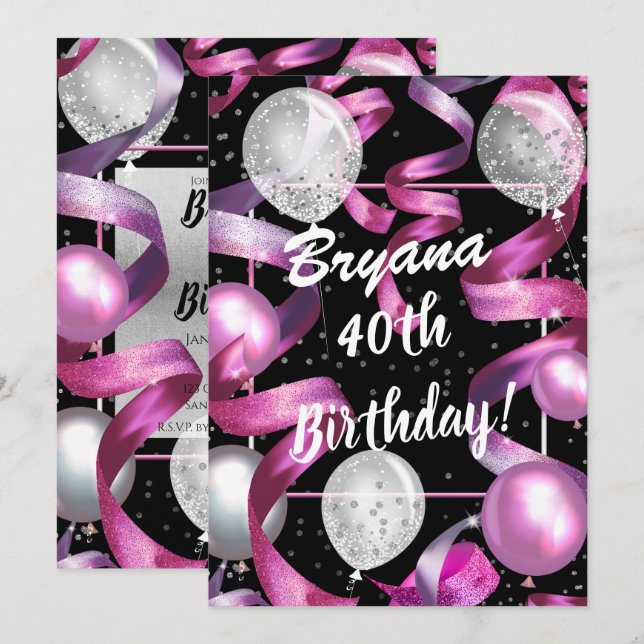 Invitation Ballons de Parties scintillant en argent rose 40e  (Devant / Derrière)