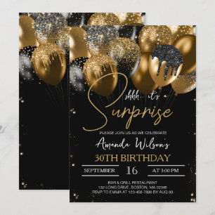 Invitation Ballons de Parties scintillant en or noir 30e anni