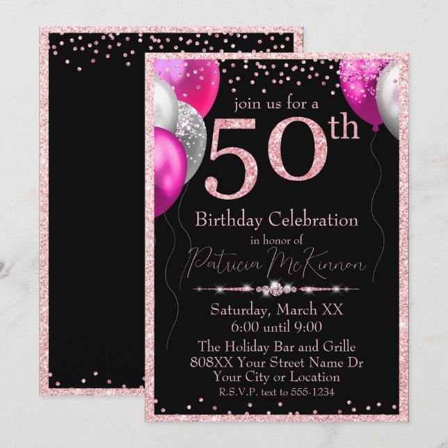 Invitation Ballons de Parties scintillant noir et rose 50e an (Devant / Derrière)
