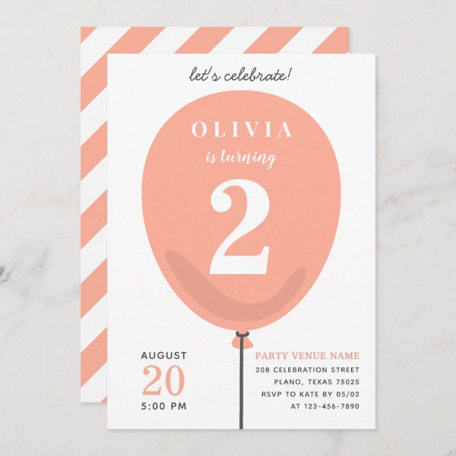 Invitation Ballons de Pêche Moderne mignonne - Fille 2e anniv (Devant / Derrière)