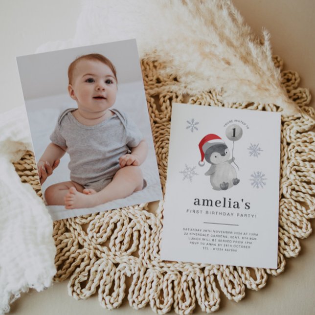 Invitation Ballons de pingouin photo 1er anniversaire (Penguin Balloon Photo 1st Birthday Invitation)