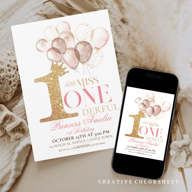 Invitation Ballons de princesse Couronne d'or rose 1er annive (Créateur téléchargé)