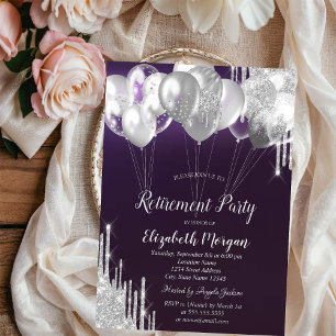 Invitation Ballons de retraite violets avec gouttes de paille