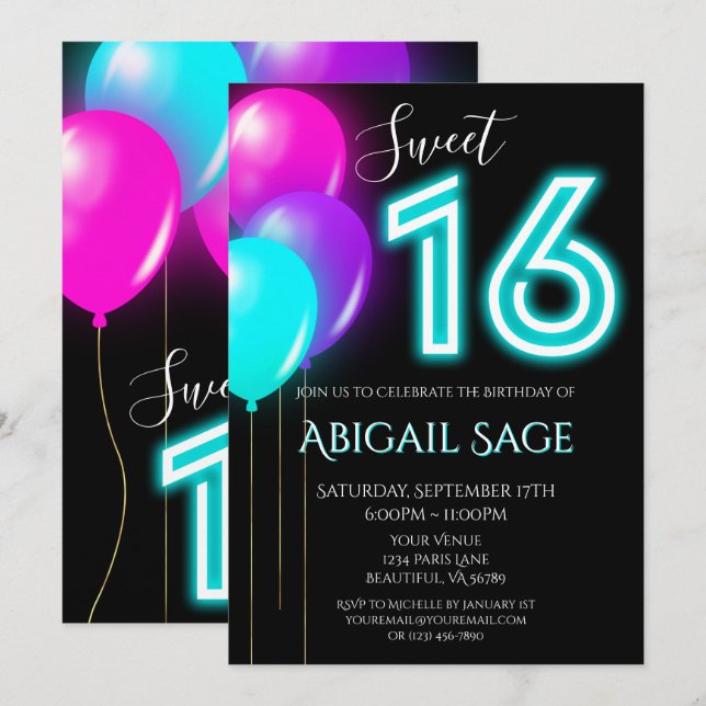 Invitation Ballons de Sweet sixteen rose néon, bleu, violet (Devant / Derrière)