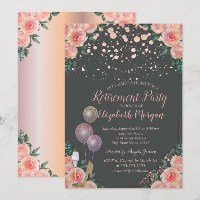Invitation Ballons de verre talons Rose Floral Retraite or (Devant / Derrière)