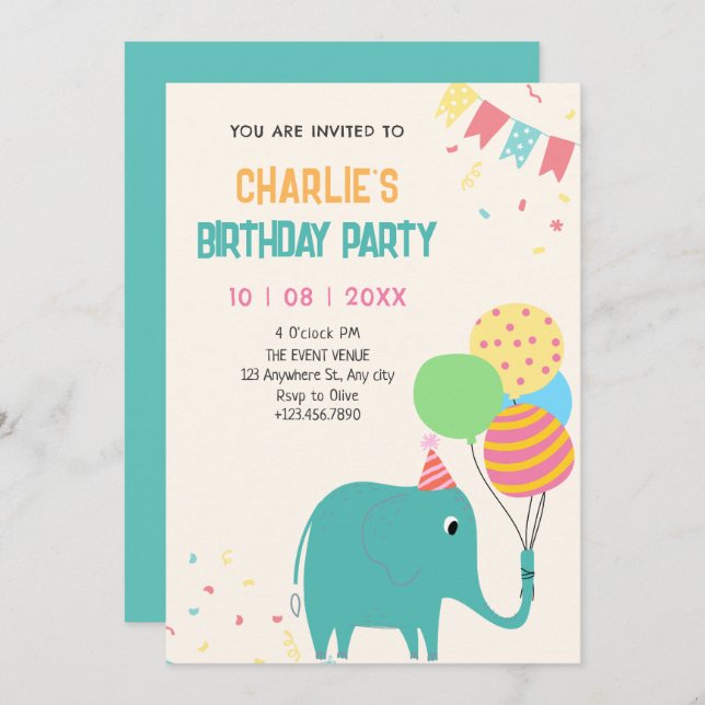 Invitation Ballons d'éléphant mignons anniversaire (Devant / Derrière)