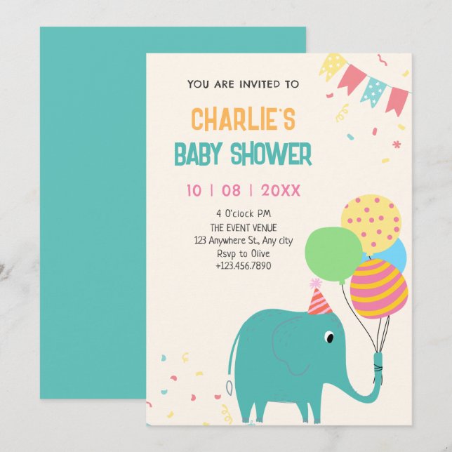 Invitation Ballons d'éléphant mignons baby shower (Devant / Derrière)