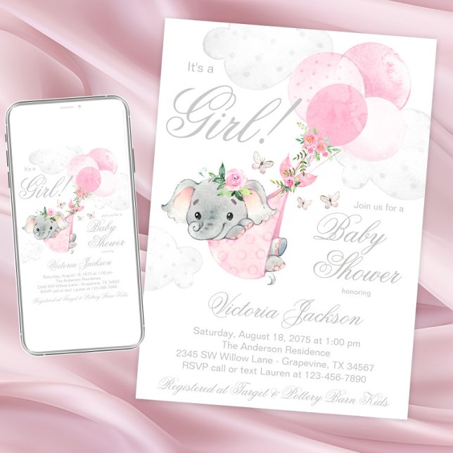 Invitation Ballons d'éléphant rose vif Baby shower papillon (Sweet girl elephant baby shower invitations. Instant download and printed invitations available.)