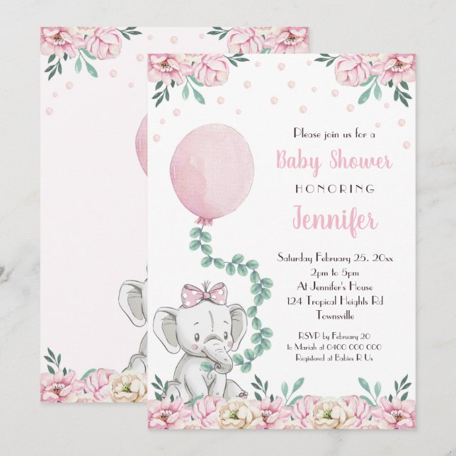 Invitation Ballons d'invitation pour Baby showers d'éléphants (Devant / Derrière)