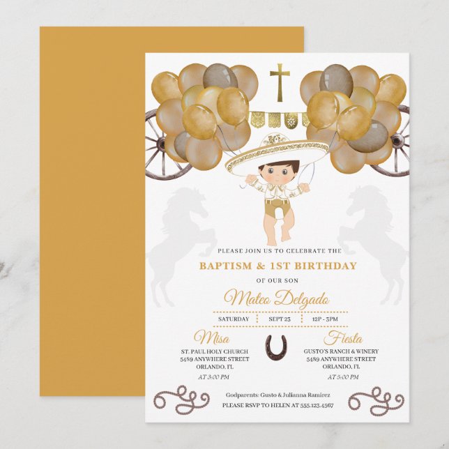 Invitation Ballons d'or Baby Charro Baptême mexicain (Devant / Derrière)