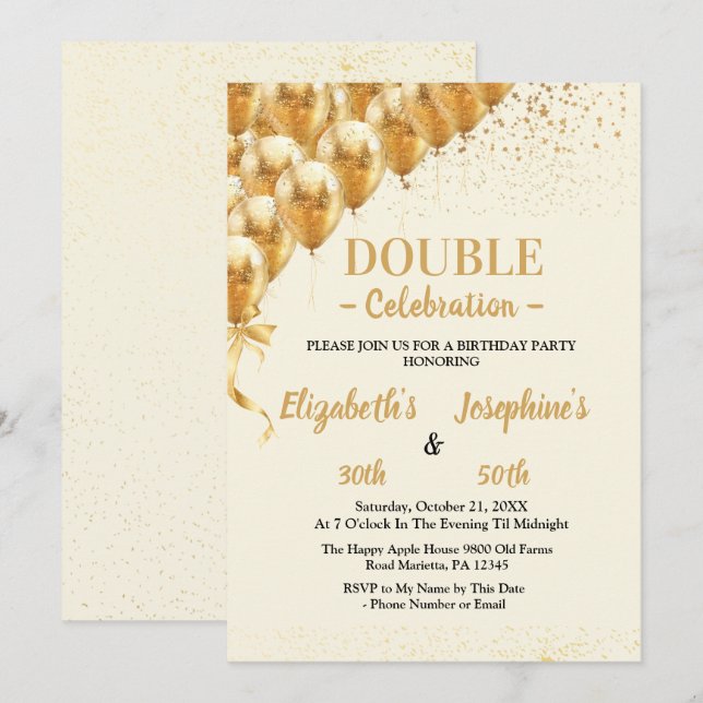 Invitation Ballons d'or beige parties scintillant double Anni (Devant / Derrière)