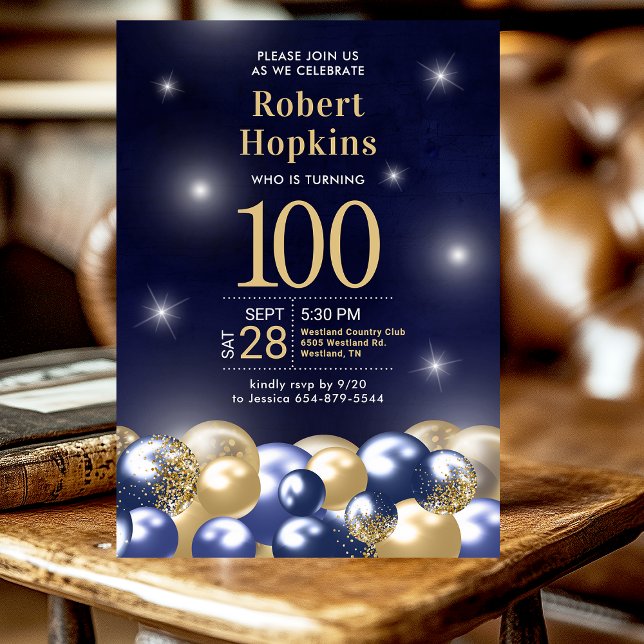 Invitation Ballons d'or bleu marine Photo 100e anniversaire (Créateur téléchargé)