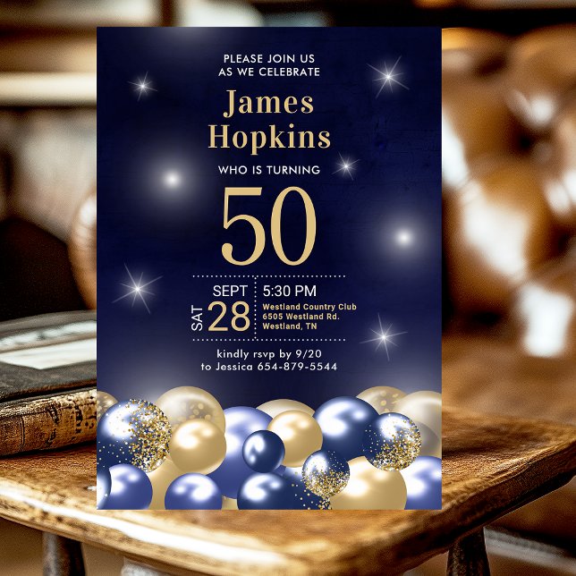 Invitation Ballons d'or bleu marine Photo 50e anniversaire (Créateur téléchargé)