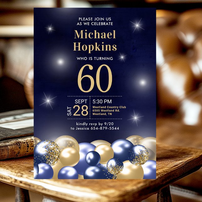 Invitation Ballons d'or bleu marine photo 60e anniversaire fê (Créateur téléchargé)