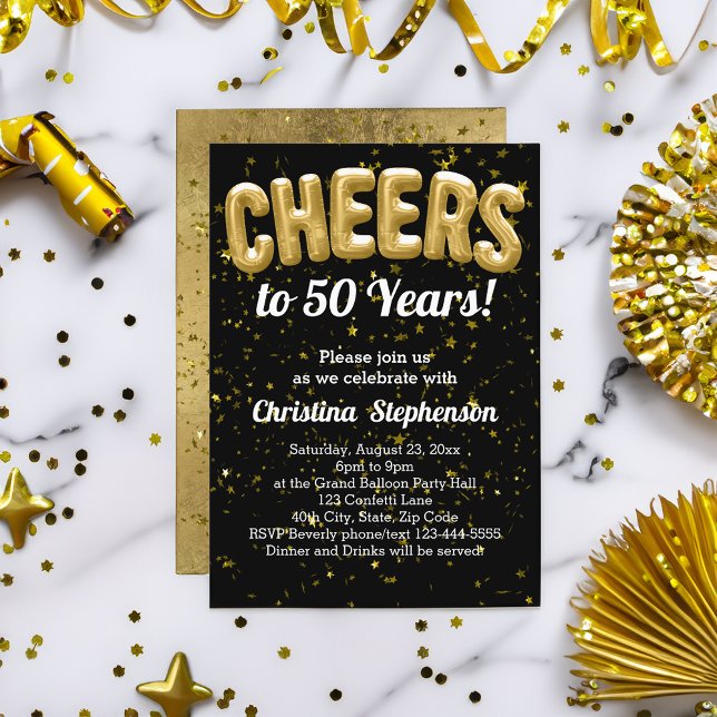 Invitation Ballons d'or bravo à 50 ans 50e anniversaire (gold cheers to 50 years 50th birthday party invitation)