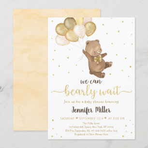 Invitation Ballons d'or de l'ours en peluche Baby shower neut