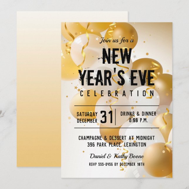 Invitation Ballons d'or et de blanc Réveillon du Nouvel An (Devant / Derrière)