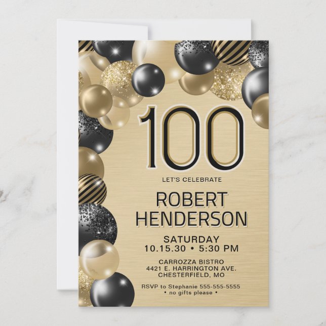 Invitation Ballons d'or et de noir 100e anniversaire Invitati (Devant)
