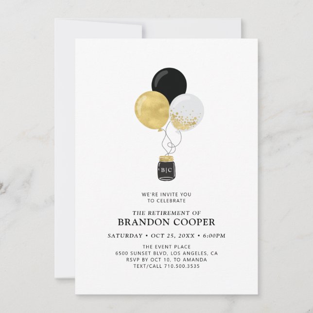 Invitation Ballons d'or et de noir Parti de retraite moderne (Devant)