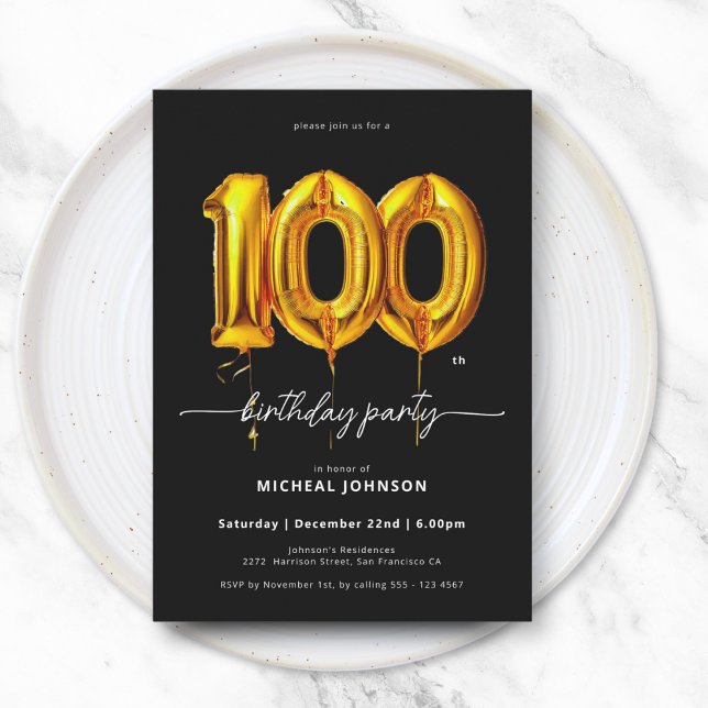 Invitation Ballons d'or noir 100e anniversaire (Gold Balloon Black 100th Birthday Invitation)