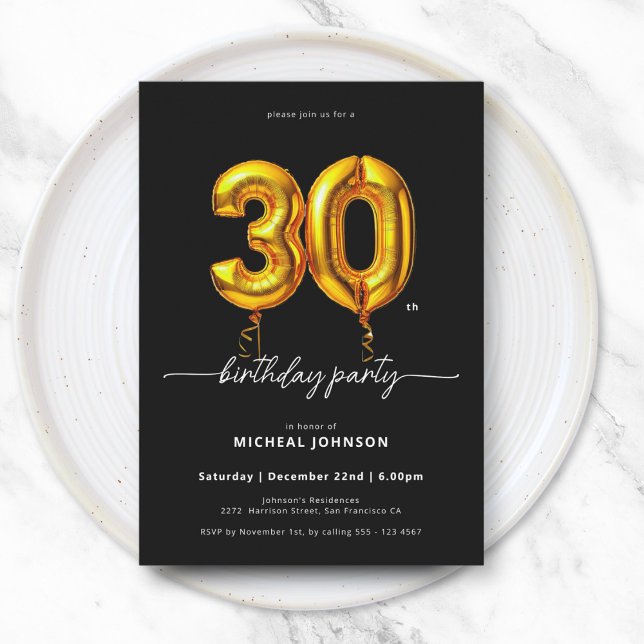 Invitation Ballons d'or noir 30e anniversaire (Gold Balloon Black 30th Birthday Invitation)