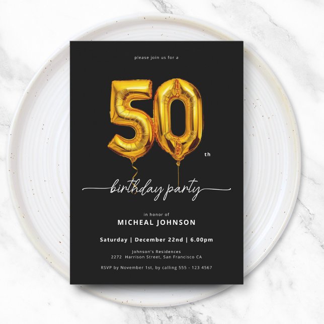 Invitation Ballons d'or Noir 50e anniversaire (Gold Balloon Black 50th Birthday Invitation)