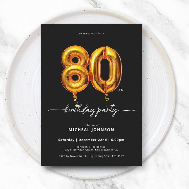 Invitation Ballons d'or Noir 80e anniversaire (Gold Balloon Black 80th Birthday Invitation)