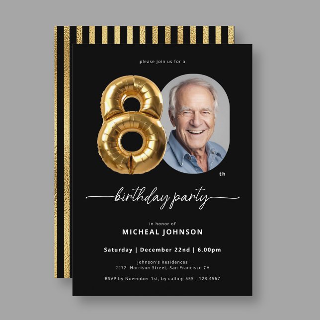 Invitation Ballons d'or noir 80e anniversaire (Black Gold Balloon 80th Birthday Invitation)