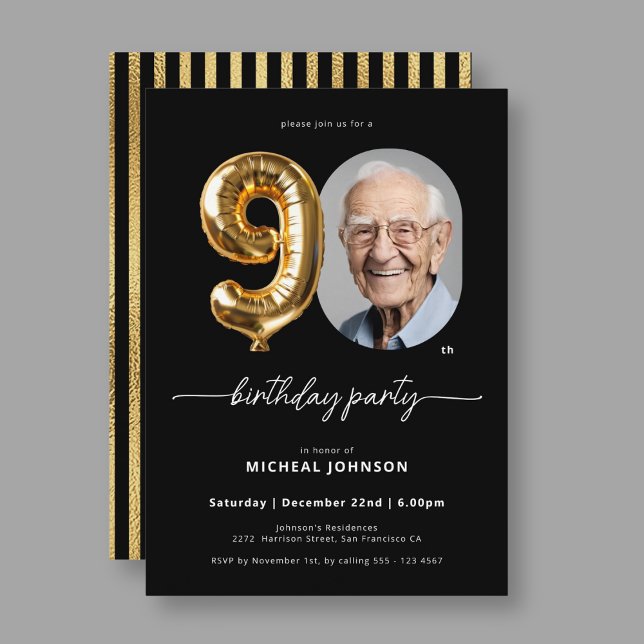 Invitation Ballons d'or noir 90e anniversaire (Black Gold Balloon 90th Birthday Invitation)