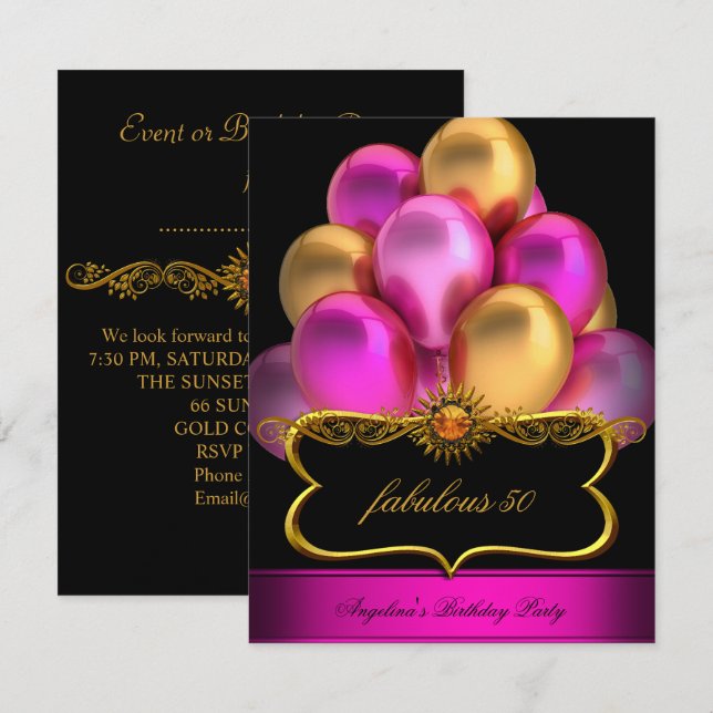 Invitation Ballons d'or noir rose fabuleux Ballons d'annivers (Devant / Derrière)