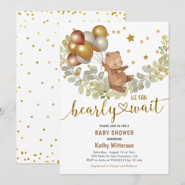 Invitation Ballons d'or Ours Nous Pouvons Bearly Wait Baby sh (Devant / Derrière)