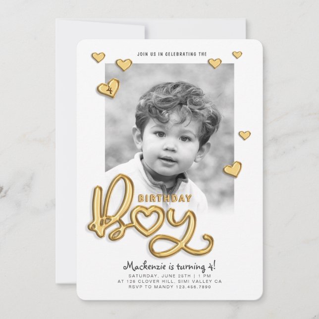 Invitation Ballons d'or pour garçon d'anniversaire Texte phot (Devant)