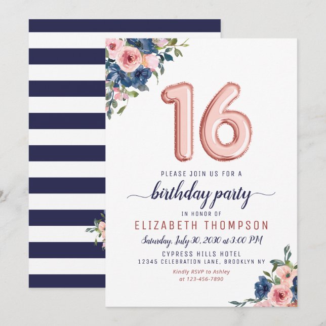 Invitation Ballons d'or rose 16e anniversaire Floral Navy Blu (Devant / Derrière)