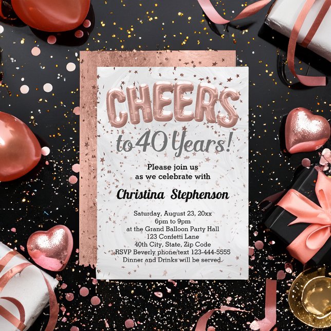 Invitation Ballons d'or rose à la fête 40 ans 40e anniversair (cheers to 40 years rose gold glitter 40th birthday party invitation for women)