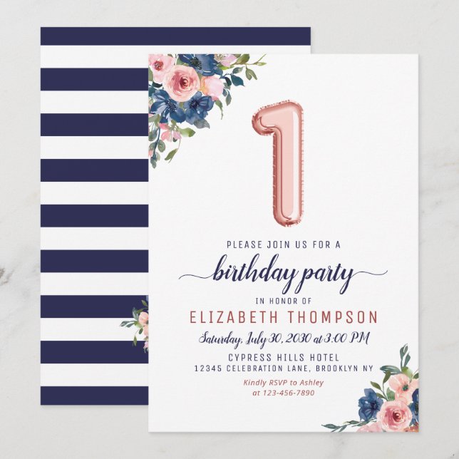 Invitation Ballons d'or rose Floral Navy Blush 1er Anniversai (Devant / Derrière)