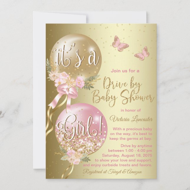 Invitation Ballons d'or rose Papillon Baby shower de la capsu (Devant)
