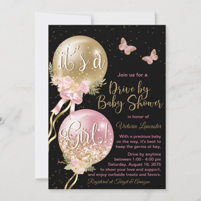 Invitation Ballons d'or rose Papillons Covid Baby shower (Devant)