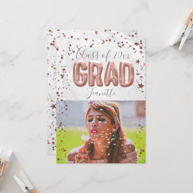 Invitation Ballons d'or rose Pink Confetti Girls Graduation (Devant/Arrière en situation)