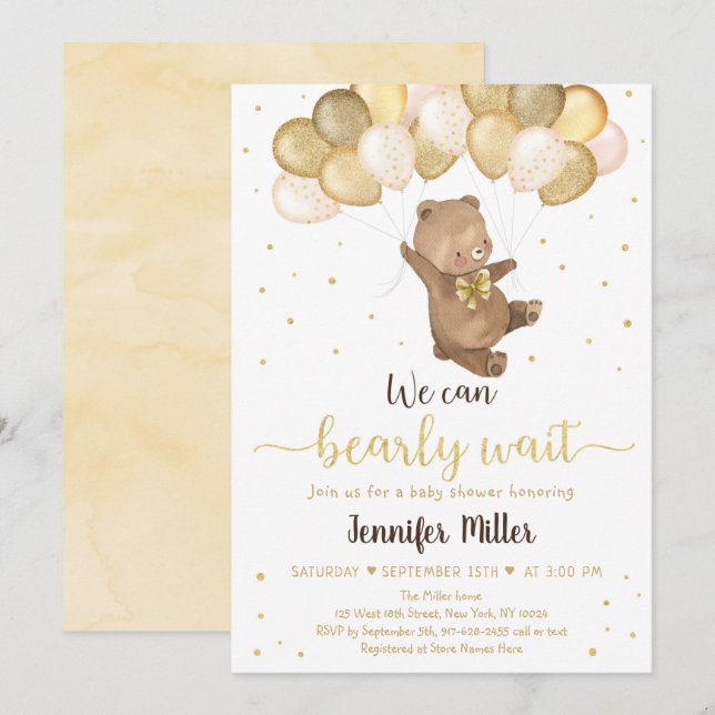 Invitation Ballons d'or Teddy Bear Baby shower neutre Invit (Devant / Derrière)